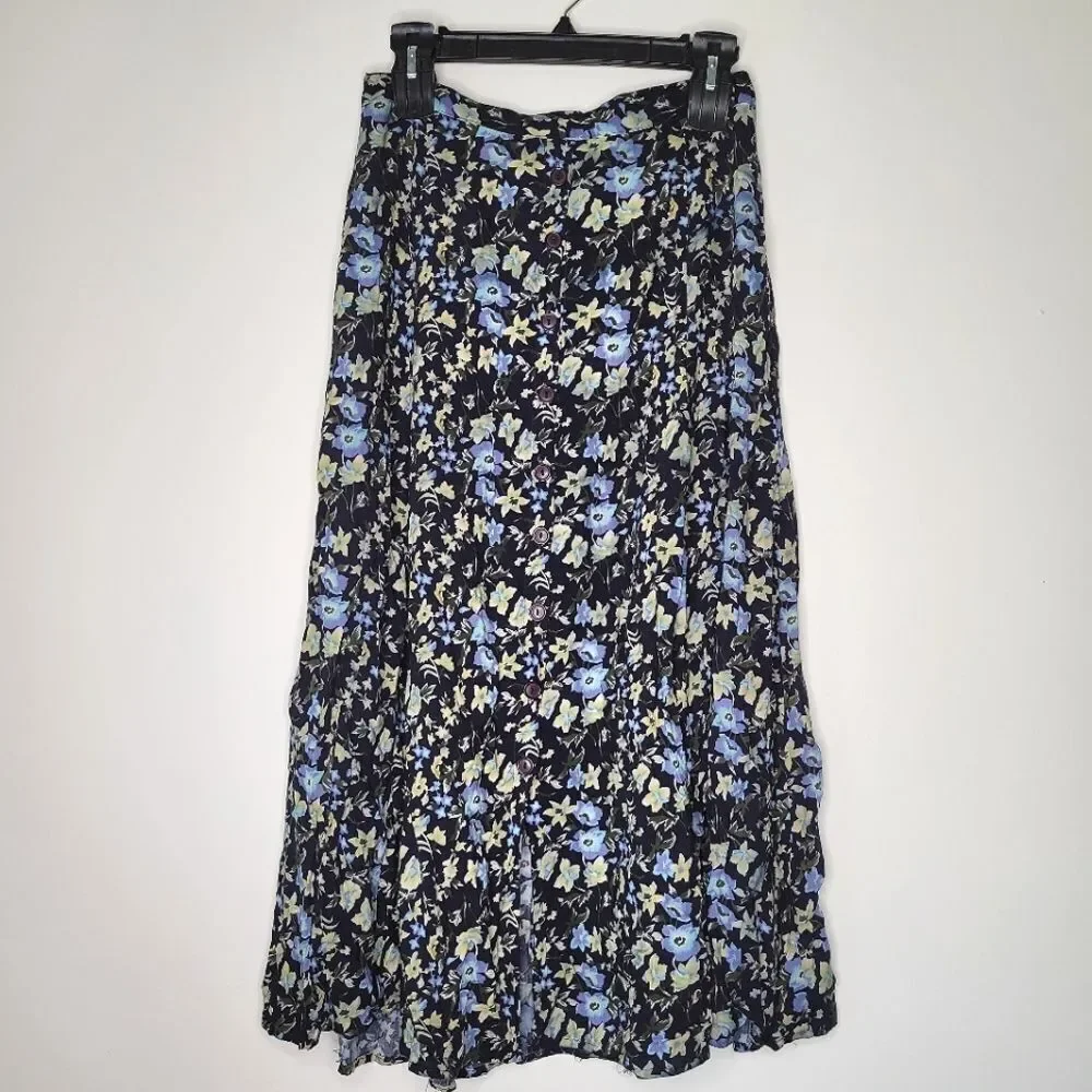Vintage Ship'n Shore Floral Blue A-line Midi Skirt Buttons M
